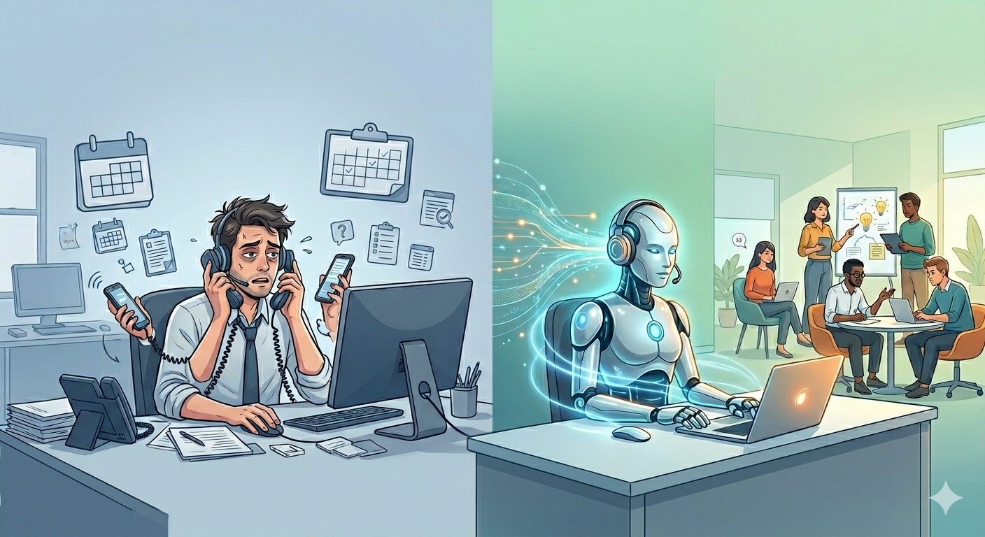 Man very busy trying to answer multiple calls verses an AI agent allowing humans to spend time collaborating